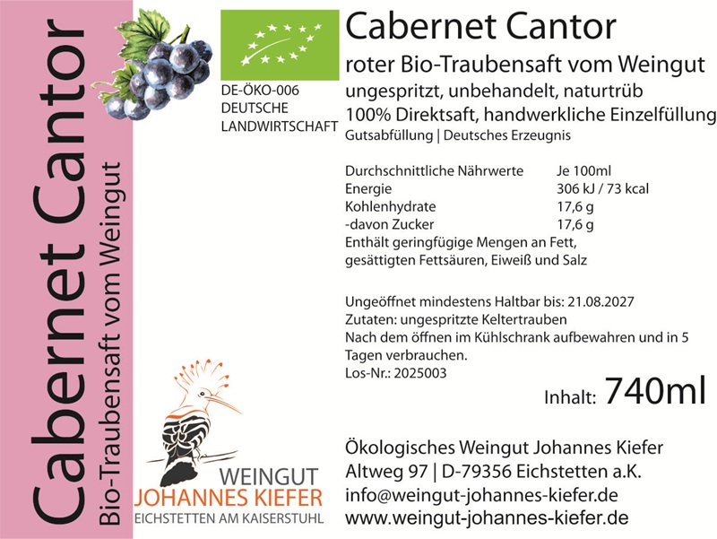 Cabernet Cantor Bio-Traubensaft rot 740 ml