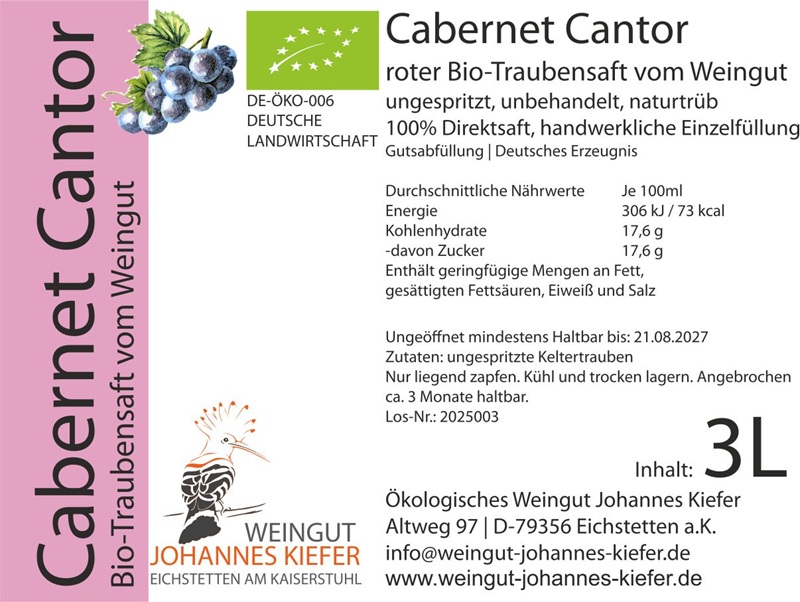 Cabernet Cantor Bio-Traubensaft rot