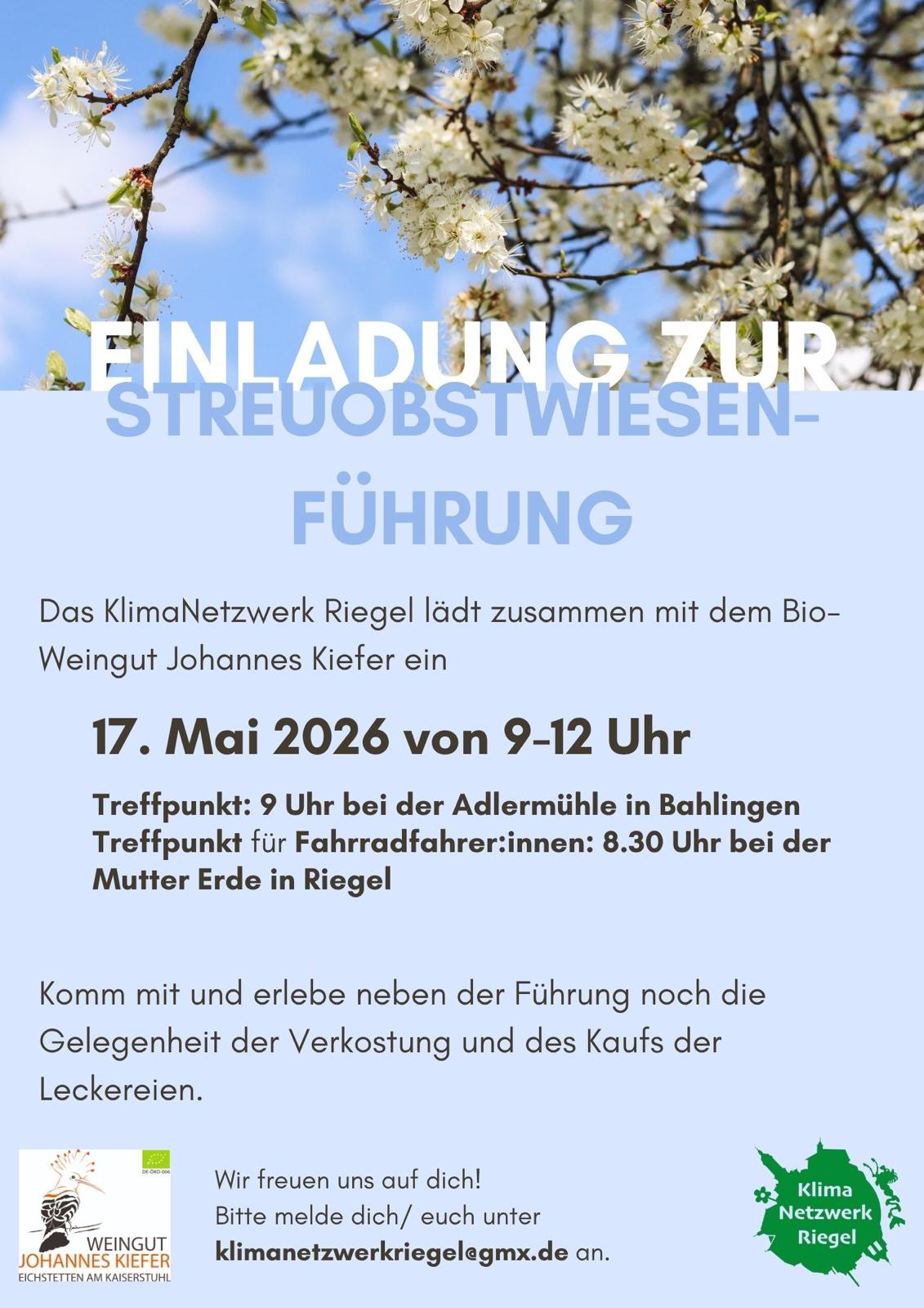 Einladung zur Streuobstwiesen-Führung am 17. Mai 2026, veranstaltet vom KlimaNetzwerk Riegel und dem Ökologischen Weingut Johannes Kiefer.